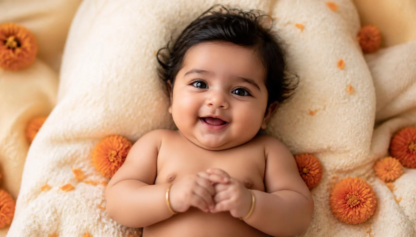 Indian baby portrait session with marigold flowers