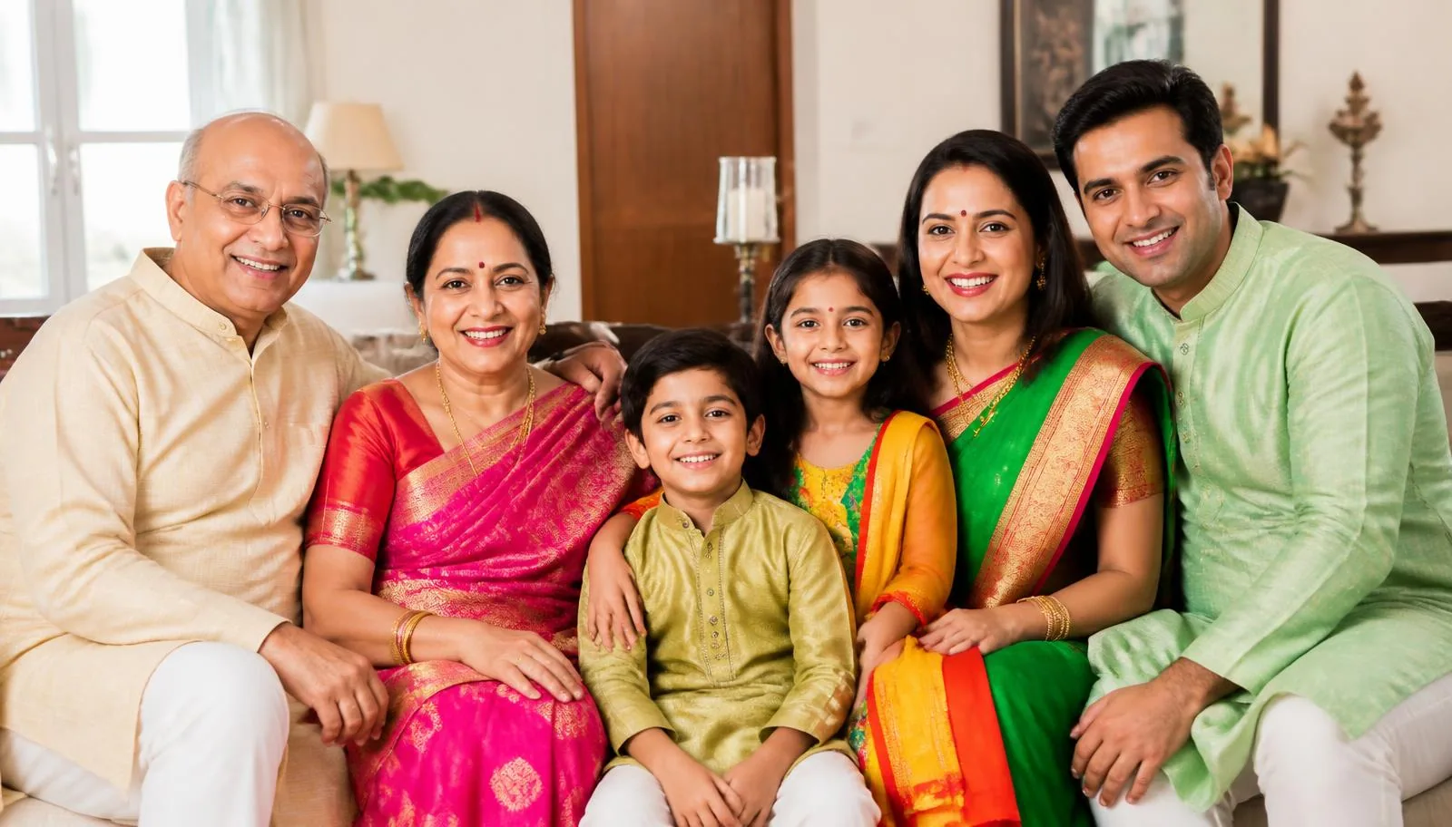 Indian multi-generation family portrait at home