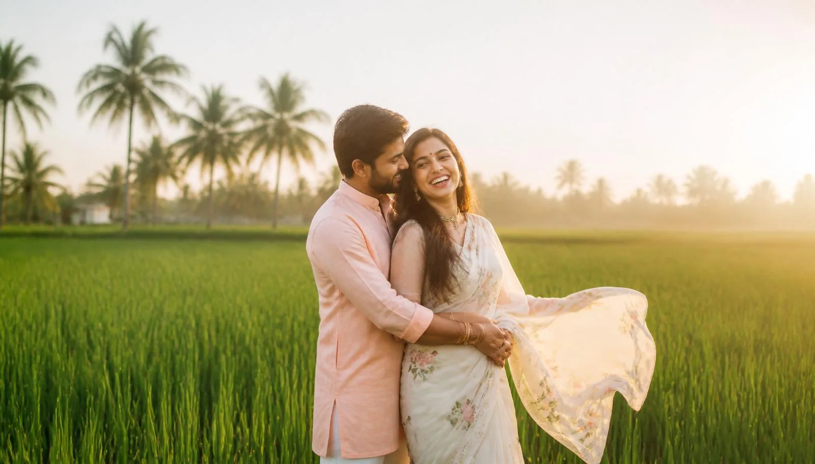 Indian couple outdoor shoot in a paddy field at sunset