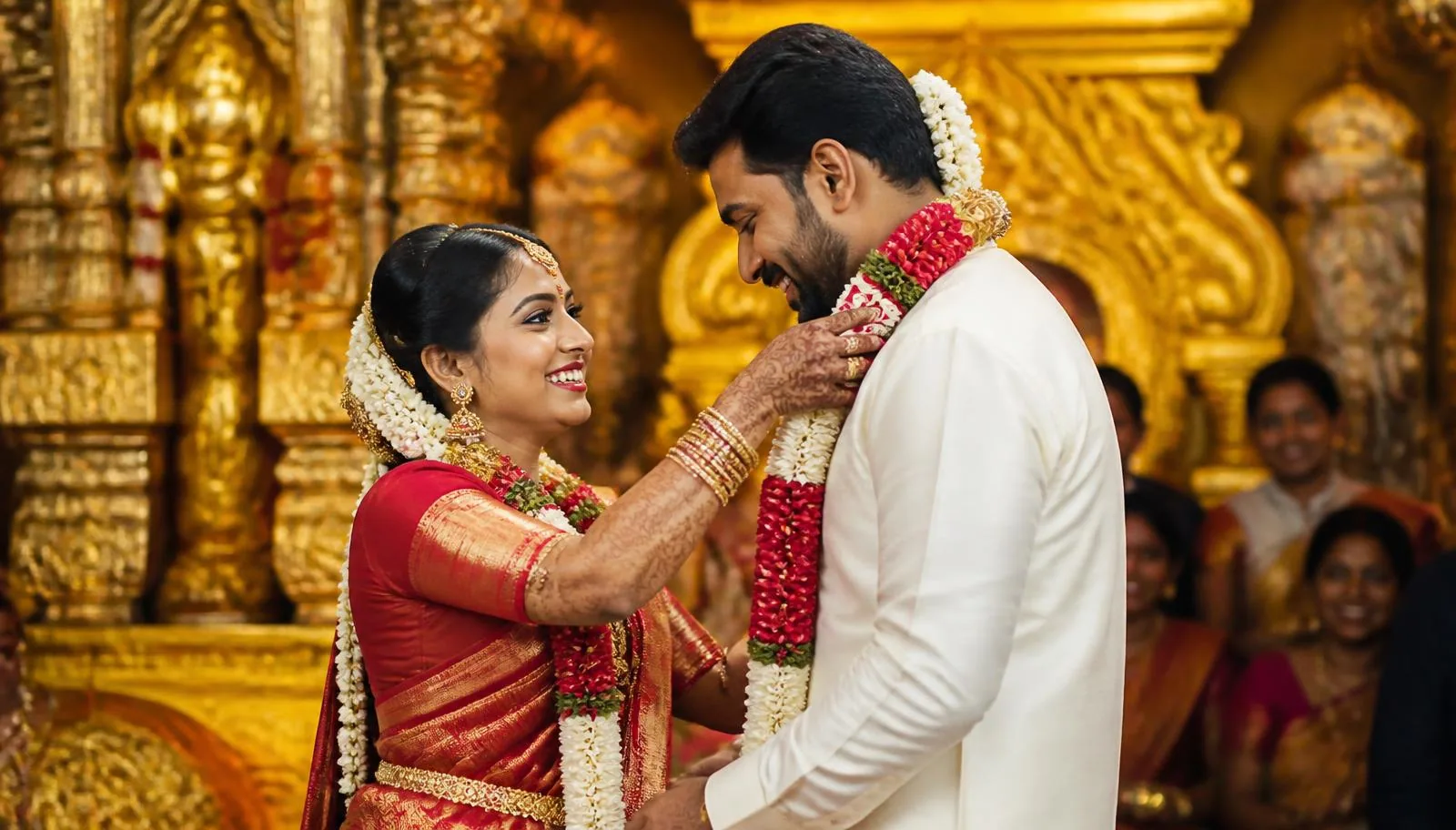 South Indian wedding couple exchanging garlands